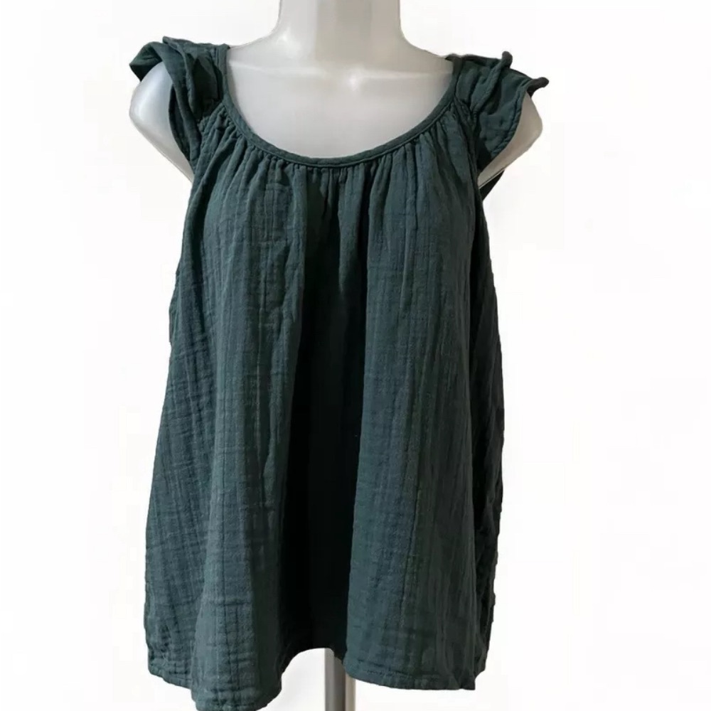 NWT SONOMA L NOSTALGIC GREEN TEXTURED RELAXED RUFFLED FLUTTER SLEEVE SCOOP TOP